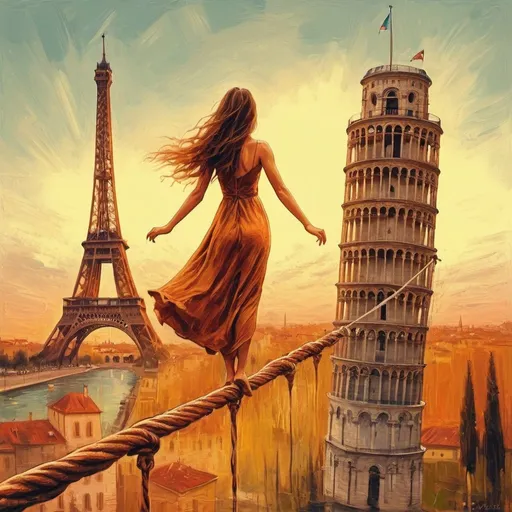 Prompt: Generate an image in Chełmoński paint oil  style of a woman with long hair, wearing a long dress, walking on a rope stretched in the air between two towers. the woman stands on a rope with her legs. One of the towers is the Eiffel Tower, and the other is the famous Tower of Pisa. Make it clear that the woman is on the line connecting both towers. warm colors of at the bottom you can see one sailboat in the flooded streets