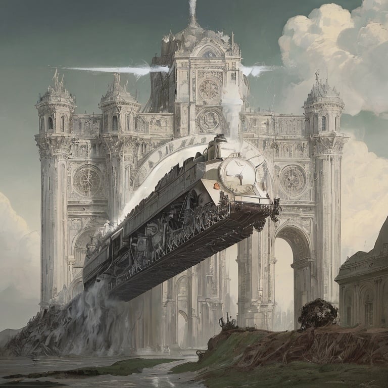 Prompt: Zdzisław Beksiński's stylethe thethe white locomotive levitates, it floats above the ground, it is connected to the clock, white steam rises, Zia emerges from the ground and the rusty Umbria and Saunguin in the back Paris and the Arch of Victory struck by lightning