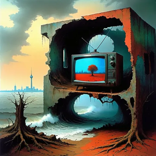 Prompt: Generate  this painting in the style of the painter Zdzisław Beksiński  the background you can see  berlin, AND tv, AND CLOCK, and above it there is a huge ruined camper with roots coming out of the ocean. There must be asymmetry. Irregular shapes. You can see Berlin in the background and a huge radio above it. The  motor  surrounds part of the image Zdzislaw Beksinski, sanguine, umbriam, clock