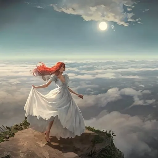 Prompt: Chełmoński style on a piece of land torn out of the ground in the shape of a triangle and which is floating in the clouds and on it a girl in a red wedding dress is dancing, looking at the horizon, below is the ocean and above in the fog with the rising sun, bright colors, romantic style, in the background you can see the ruins of parys