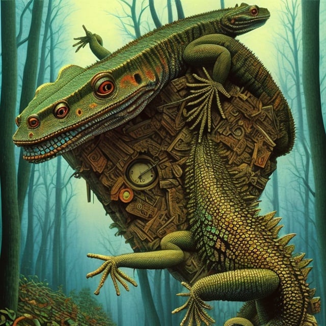 Prompt: generate image JACEK YERKA a lizard whose tail is visible and connected transforms into half of a car. are merged and a transformation occurs