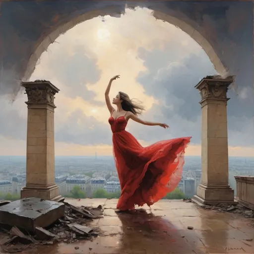 Prompt: Kossak's style in the painting you can see a lump of earth torn out of the ground, the lump is brown and black and floats in the clouds and a girl in a scarlet wedding dress is dancing on it, the girl is looking at the horizon, below the lump is the ocean, and above in the fog bright colors, romantic style, in the background you can see ruins of the Arch of Victory in Paris