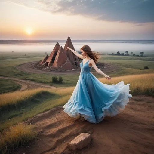 Prompt: Chełmoński style on a piece of land torn out of the ground in the shape of a triangle and which is floating in the clouds and on it a girl in a blue wedding dress is dancing, looking at the horizon, below is the ocean and above in the fog with the rising sun, bright colors, romantic style, in the background you can see the ruins of parys