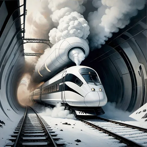 Prompt: Maksymilian Novak Zempliński stylizes a painting depicting a modern futuristic white train emerging from an invisible tunnel, surrounded by an atmosphere of fog and smoke. This evokes a sense of nostalgia and the grandeur of the industrial revolution. The image appears to be related to various artistic and historical themes, as suggested by related search results.

