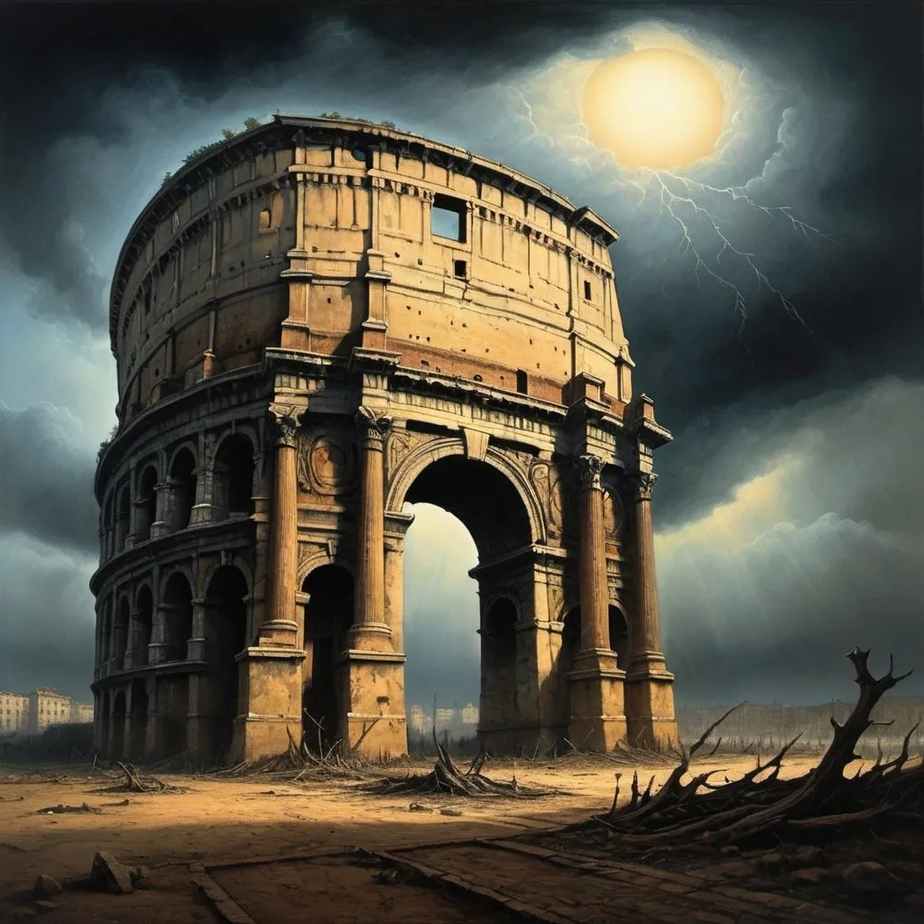 Prompt: Generate a picture in the style of the artist Zdzisław Beksiński, a picture painted with oil paint. The image shows the Colosseum, the Arch of Victory in Paris. You can see a huge landline phone with long roots sticking out of the ground, the image is very dark, there is very little detail. Surrealism fantasy,. The sky is very ominous, foretells a storm, sharp focus, studio photo, intricate details, very detailed,