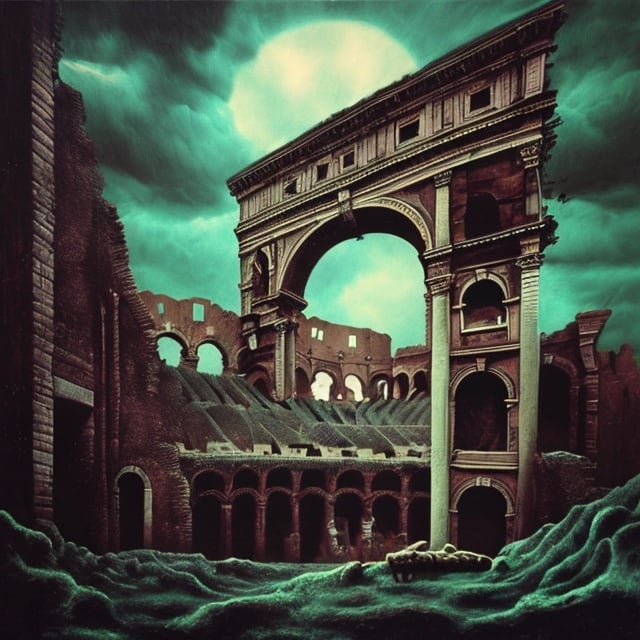 Prompt: Generate a picture in the style of the artist Zdzisław Beksiński, a picture painted with oil paint. The image shows the Colosseum, the Arch of Victory in Paris. You can see a huge landline phone with long roots sticking out of the ground, the image is very dark, there is very little detail. Surrealism fantasy,. The sky is very ominous, foretells a storm, sharp focus, studio photo, intricate details, very detailed,