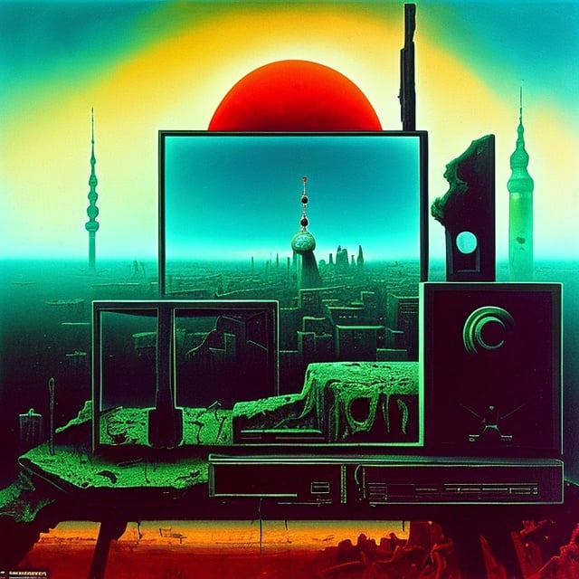 Prompt: Generate  this painting in the style of the painter Zdzisław Beksiński  the background you can see  berlin, AND tv, AND CLOCK, and above it there is a huge ruined camper with roots coming out of the ocean. There must be asymmetry. Irregular shapes. You can see Berlin in the background and a huge radio above it. The  motor  surrounds part of the image Zdzislaw Beksinski, sanguine, umbriam, clock