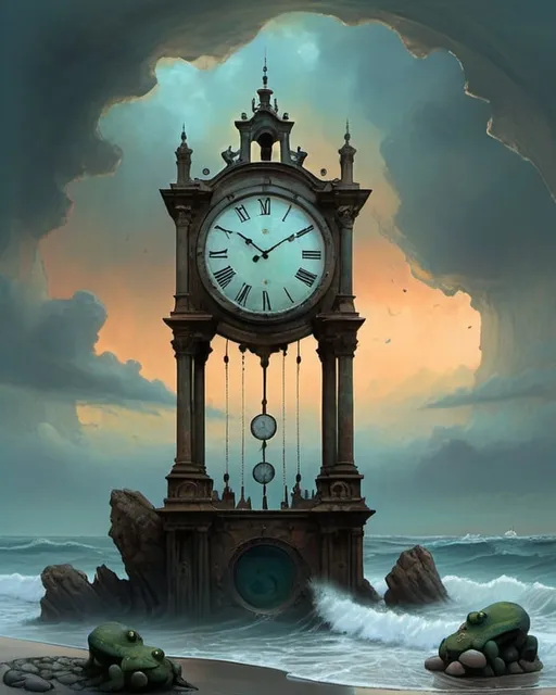 Prompt: Generate an image in the style of artist Zdzisław Beksiński. Far out in the ocean, half of a large damaged ancient clock can be seen drifting. The sky is cloudy. On the shore, small figures and stones on the shore resemble frogs. Use umbria and sanguine

