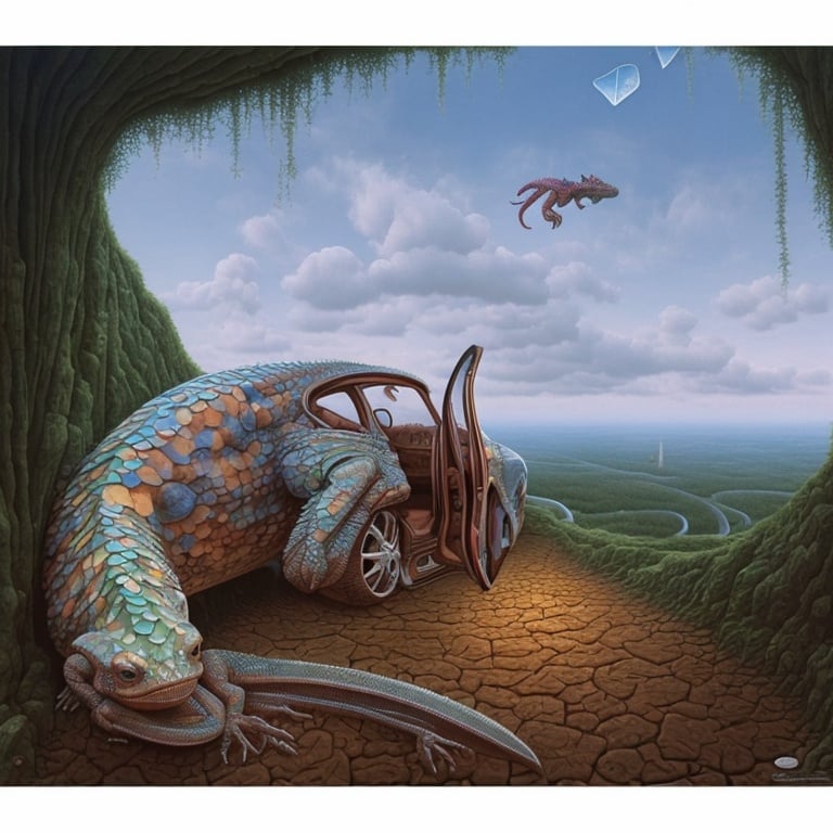 Prompt: generate image JACEK YERKA a lizard whose tail is visible and connected transforms into half of a car. are merged and a transformation occurs