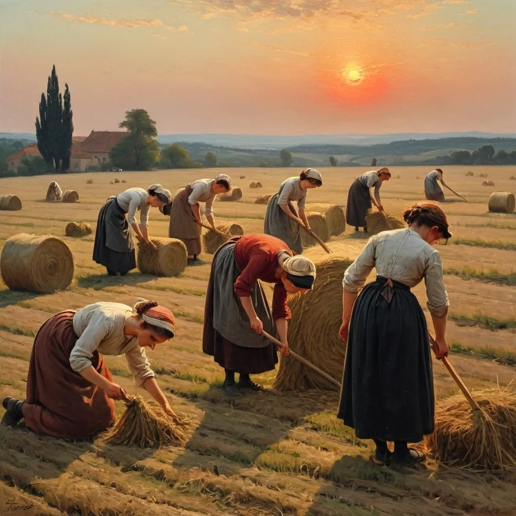 Prompt: Create a painting by Józef Chełmoński. It is the 19th century. The painting shows several women, they are very tired, women are raking hay in the field. It is already after sunset.  Use umbria and sanguine

