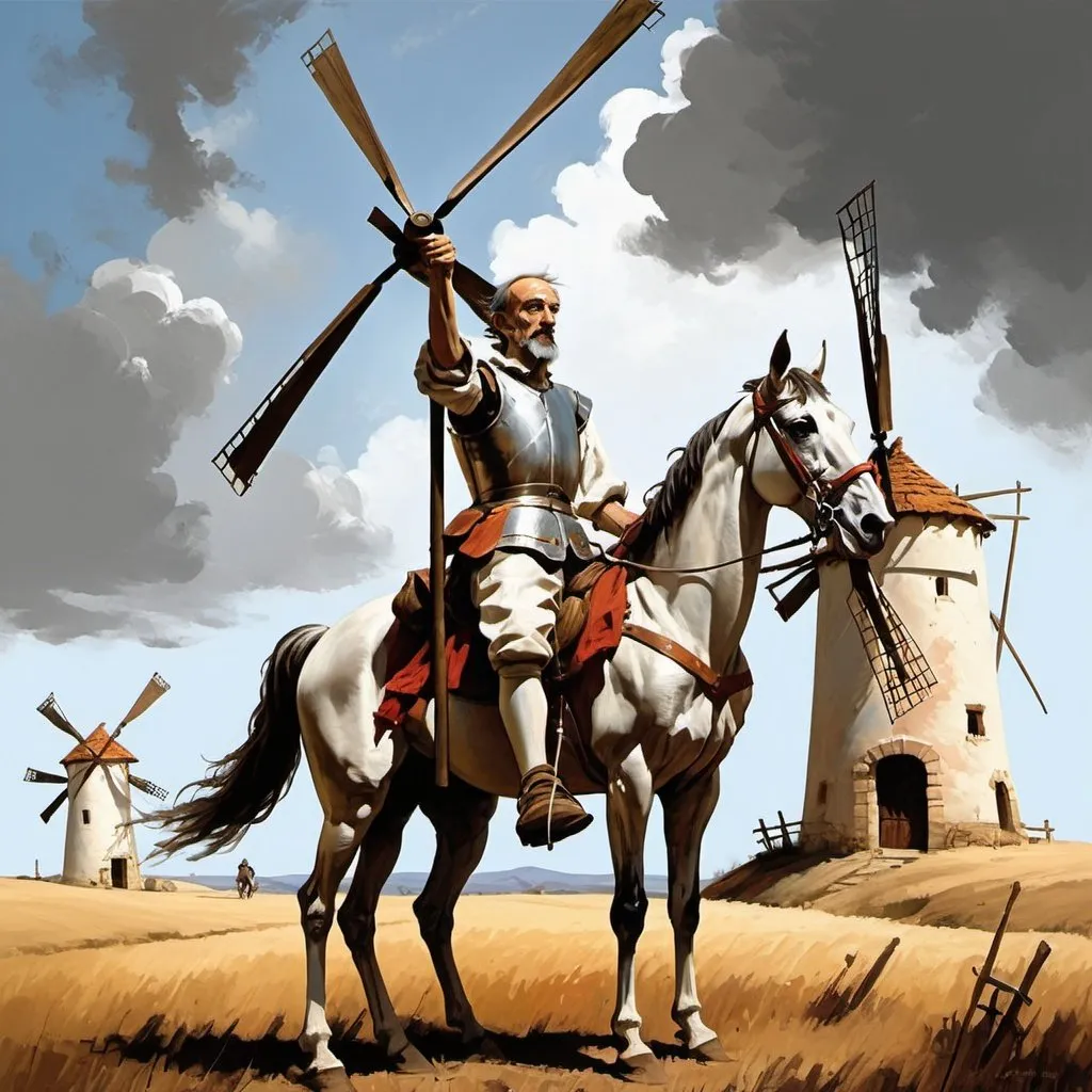 Prompt: g"Paint a poignant scene where Don Quixote, bruised but unyielding, faces the windmills with unwavering courage.