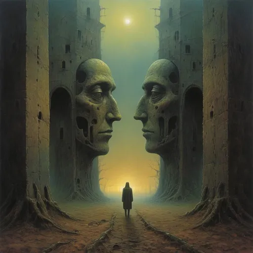 Prompt: create an image of zdzisław beksiński Imagine that you are an android designed by Beksiński himself. What does your surroundings look like? Take on the role of a mysterious observer who wanders the dark corridors of an abandoned castle. Describe your impressions and encounters in this magical place. You are a painter who has the ability to convey human emotions on canvas. Capture the moment when two souls meet.