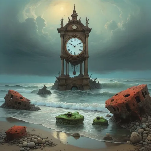 Prompt: Generate an image in the style of artist Zdzisław Beksiński. Far out in the ocean, half of a large damaged ancient clock can be seen drifting. The sky is cloudy. On the shore, small figures and stones on the shore resemble frogs. Use umbria and sanguine

