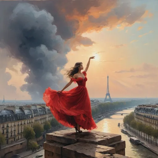 Prompt: Kossak's style in the painting you can see a lump of earth torn out of the ground, the lump is brown and black and floats in the clouds and a girl in a scarlet wedding dress is dancing on it, the girl is looking at the horizon, below the lump is the ocean, and above in the fog bright colors, romantic style, in the background you can see ruins of the Arch of Victory in Paris