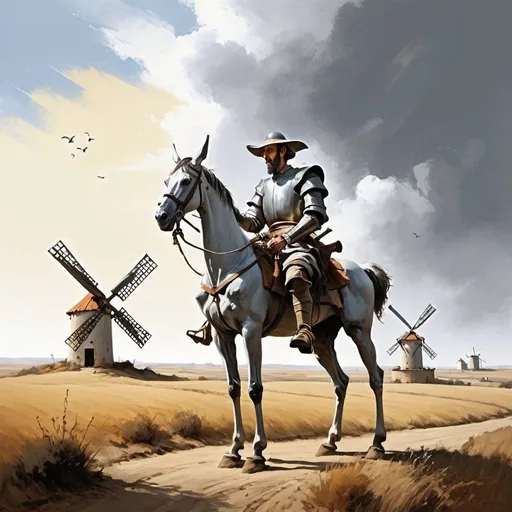 Prompt: g"Paint a poignant scene where Don Quixote, bruised but unyielding, faces the windmills with unwavering courage.