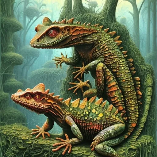 Prompt: generate image JACEK YERKA a lizard whose tail is visible and connected transforms into half of a car. are merged and a transformation occurs