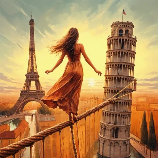 Prompt: Generate an image in Chełmoński paint oil  style of a woman with long hair, wearing a long dress, walking on a rope stretched in the air between two towers. the woman stands on a rope with her legs. One of the towers is the Eiffel Tower, and the other is the famous Tower of Pisa. Make it clear that the woman is on the line connecting both towers. warm colors of at the bottom you can see one sailboat in the flooded streets