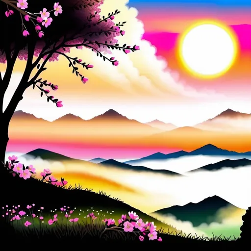 Prompt: a twig of an apple tree with pink flowers below it is a meadow full of beautiful flowers on the horizon there are mountains in the fog with the rising sun bright colors romantic style