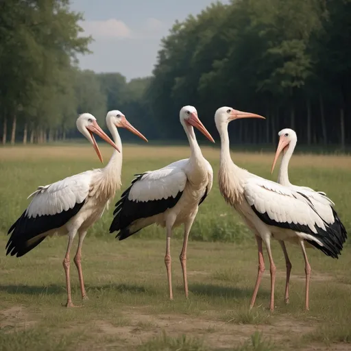 Prompt: Implement characteristic elements of Józef Chełmoński's work in the generated image of five flying storks and two figures on the ground waving their hands at them "