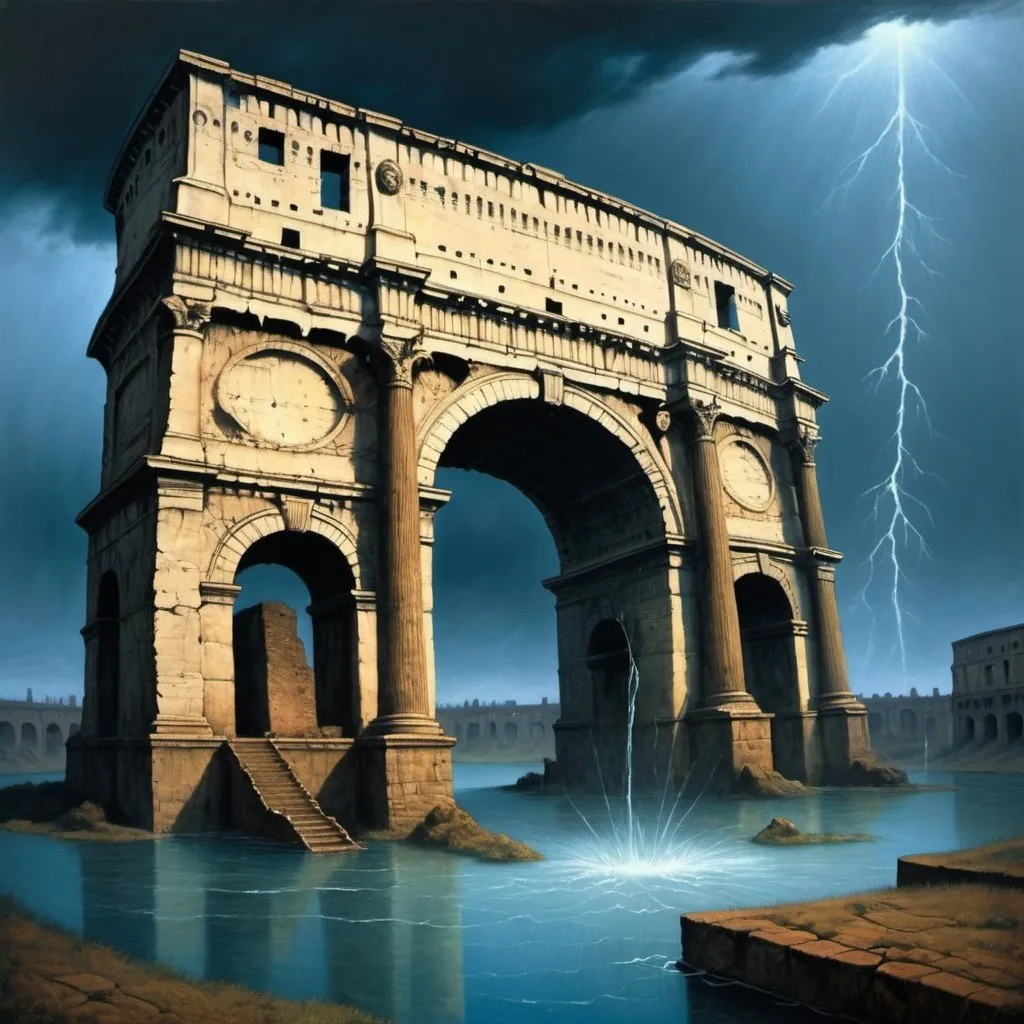 Prompt: Generate a picture in the style of the artist Zdzisław Beksiński, a picture painted with oil paint. The painting shows the Colosseum, the Arch of Victory in Paris. You can see a huge landline telephone with long roots sticking out of the ground. Surrealism, fantasy. at the bottom everything is flooded with water The sky is very ominous, it announces a storm, 4k sharp focus, A mysterious blue figure is watching it