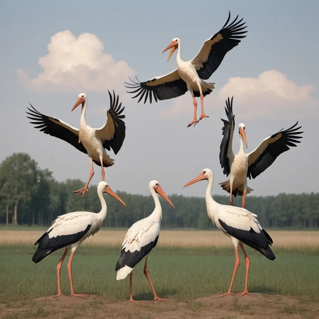 Prompt: Implement characteristic elements of Józef Chełmoński's work in the generated image of five flying storks and two figures on the ground waving their hands at them "