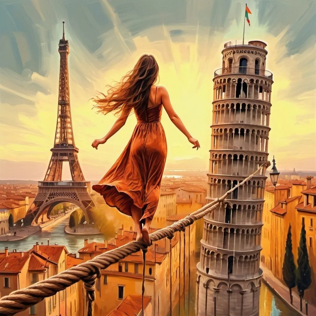 Prompt: Generate an image in Chełmoński paint oil  style of a woman with long hair, wearing a long dress, walking on a rope stretched in the air between two towers. the woman stands on a rope with her legs. One of the towers is the Eiffel Tower, and the other is the famous Tower of Pisa. Make it clear that the woman is on the line connecting both towers. warm colors of at the bottom you can see one sailboat in the flooded streets