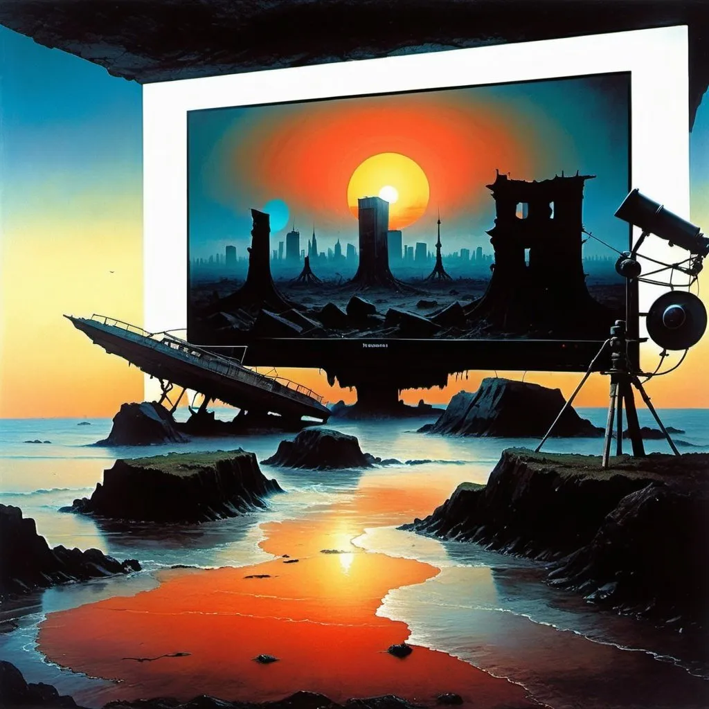 Prompt: Generate  this painting in the style of the painter Zdzisław Beksiński  the background you can see  berlin, AND tv, AND CLOCK, and above it there is a huge ruined camper with roots coming out of the ocean. There must be asymmetry. Irregular shapes. You can see Berlin in the background and a huge radio above it. The  motor  surrounds part of the image Zdzislaw Beksinski, sanguine, umbriam, clock