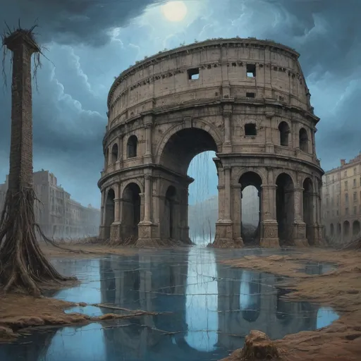 Prompt: Generate a picture in the style of the artist Zdzisław Beksiński, a picture painted with oil paint. The painting shows the Colosseum, the Arch of Victory in Paris. You can see a huge landline telephone with long roots sticking out of the ground. Surrealism, fantasy. at the bottom everything is flooded with water The sky is very ominous, it announces a storm, 4k sharp focus, A mysterious blue figure is watching it