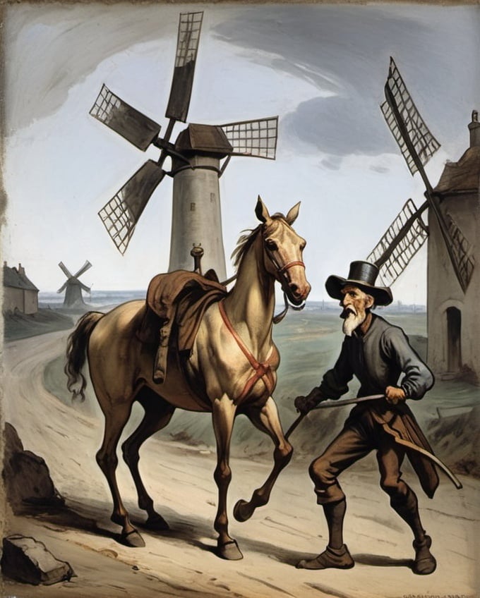 Prompt: Generate an image styles Honore Daumier of a very thin Don Quixote and his thin horse and a fight with a 15th century windmill