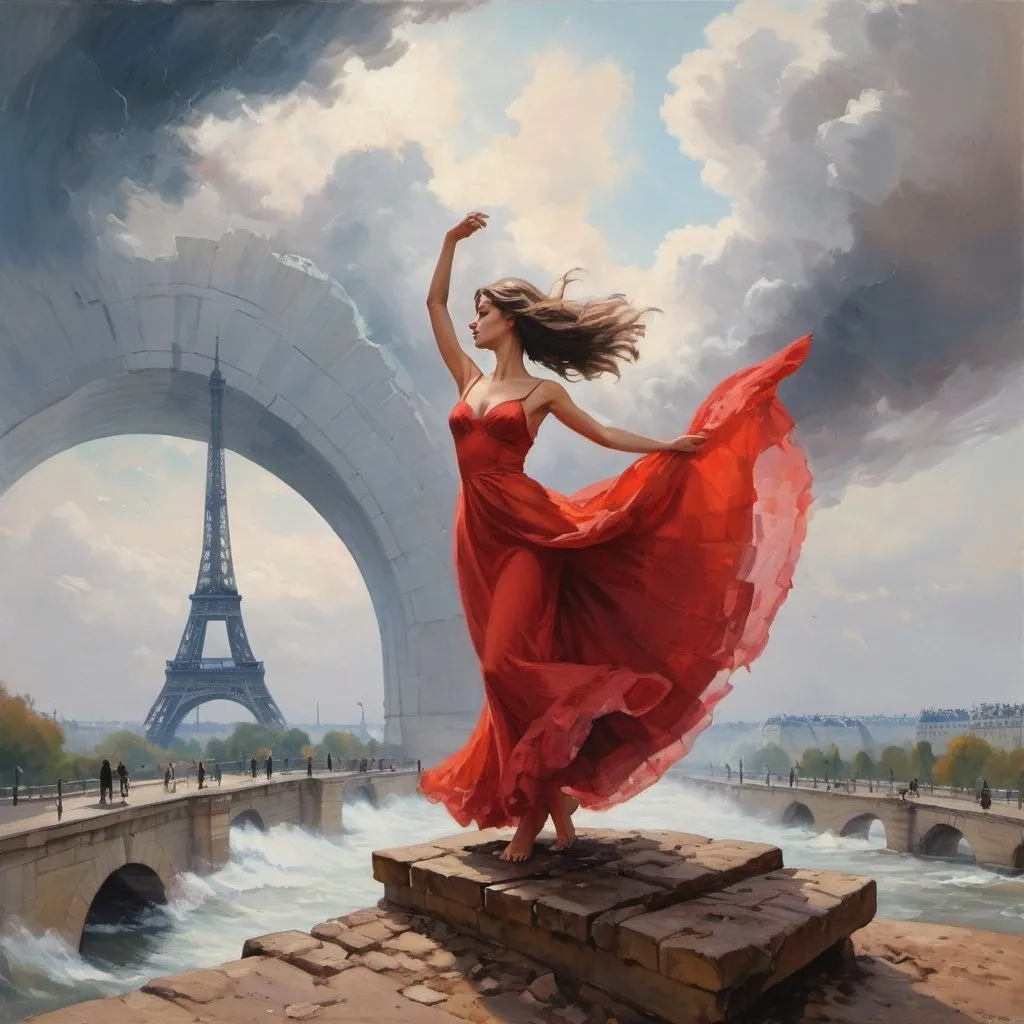 Prompt: Chełmoński's style in the painting you can see a lump of earth torn out of the ground, the lump is brown and black and floats in the clouds and a girl in a scarlet wedding dress is dancing on it, the girl is looking at the horizon, below the lump is the ocean, and above in the fog bright colors, romantic style, in the background you can see ruins of the Arch of Victory in Paris