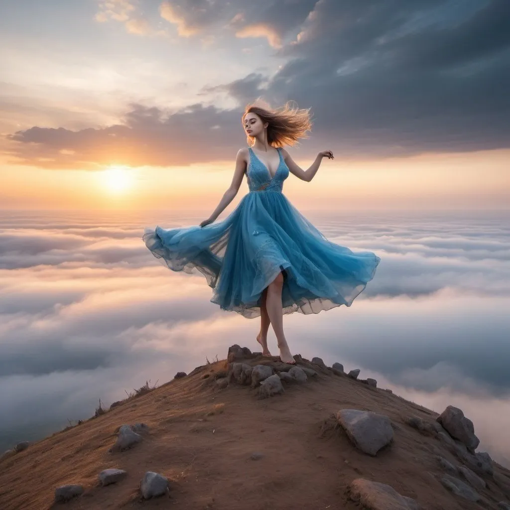 Prompt: Chełmoński style on a piece of land torn out of the ground in the shape of a triangle and which is floating in the clouds and on it a girl in a blue wedding dress is dancing, looking at the horizon, below is the ocean and above in the fog with the rising sun, bright colors, romantic style, in the background you can see the ruins of parys