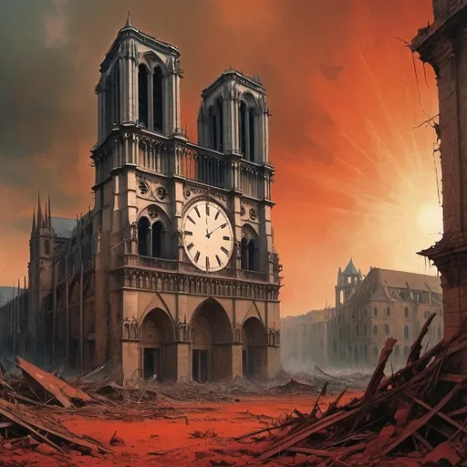 Prompt: Generate an image in the style of Zdzisław Beksiński., Notre Dame Cathedral and its time of destruction, clock on the left side of the image, ruins background apply sanguine image and umbria