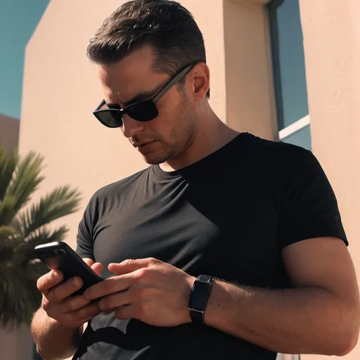 Prompt: a man wearing sunglasses and a black shirt is looking at his cell phone while he is outside in the sun, Anthony Devas, art informel, vfx, a picture