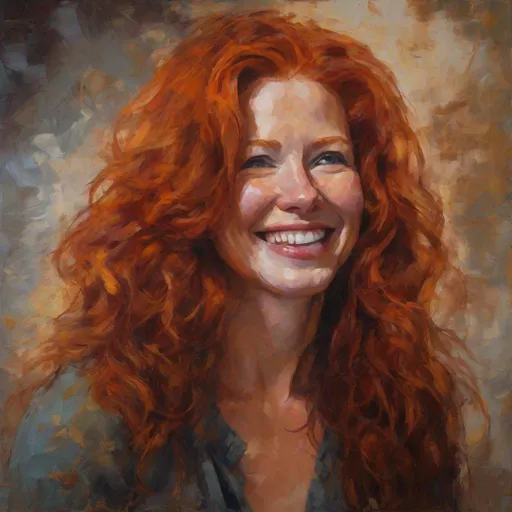 Prompt: Full torso oil painting of a happy red-headed woman, visible strokes, rough edges, warm lighting, luscious hair, muted colors, retail store backdrop, high quality, oil painting, detailed hair, warm lighting, professional, textured strokes, warm tones, detailed facial features, cozy atmosphere