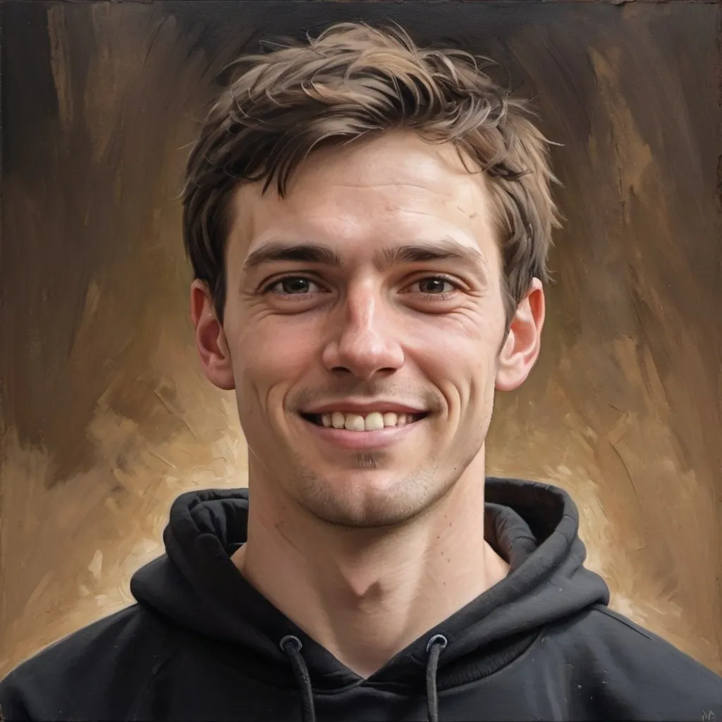 Prompt: Oil painting of a tall, non-athletic man with a broad-shouldered, full torso, short-cropped brown hair, wearing a black hoodie, happy expression, visible rough strokes, rough edges, high textured, artistic, detailed face, realistic, warm tones, professional lighting, high quality