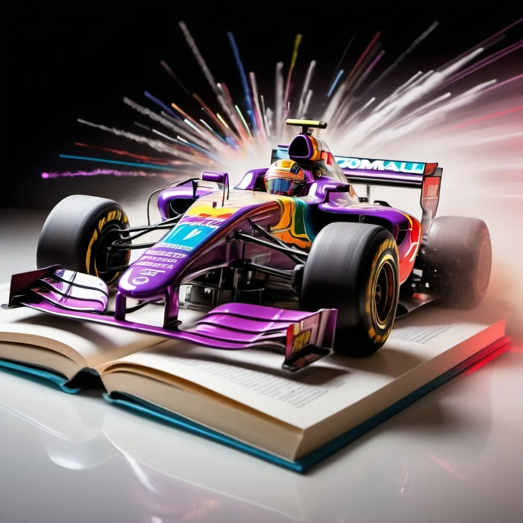 Prompt: Formula 1 race car, speeding in perspective on a pristine printing book, soft blurred motion lines in the background, a variety of Formula 1 vehicles competing closely next to the book, subtle light trails and exposure effects, colorful ink splashes artistically drifting in the air, illustrating the intersection of speed and artistic flair.