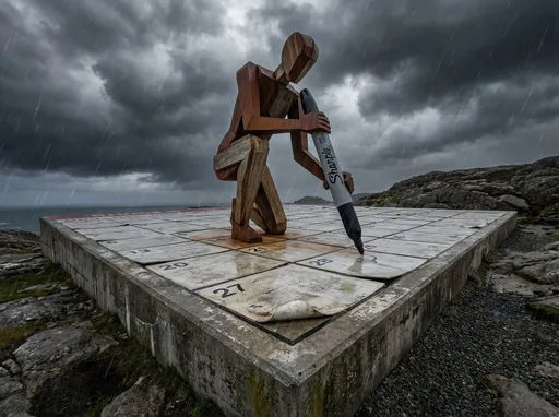 Prompt: An abstract human male figure stands on a giant calendar, which is about 100' x 100'.  The figure holds a giant Sharpee magic marker.  The view is from the bottom right corner of the scene.  In the background, a stormy sky is visible.