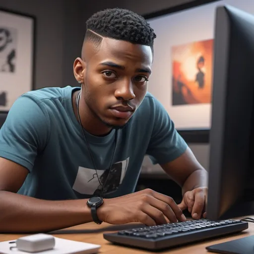Prompt: Detailed image of a young black man using a modern PC, creating content for YouTube, high-quality digital art, realistic digital painting, vibrant and energetic, modern urban setting, natural lighting, detailed facial features, expressive eyes, sleek and modern design, professional setup, highres, ultra-detailed, digital painting, modern, vibrant, energetic, urban, natural lighting, detailed facial features, sleek design, professional