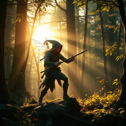 Prompt: Elf ranger in a mystical forest around sunlight