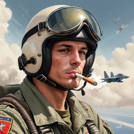 Prompt: Draw a picture of a fighter pilot smoking a cigarette while flying 
