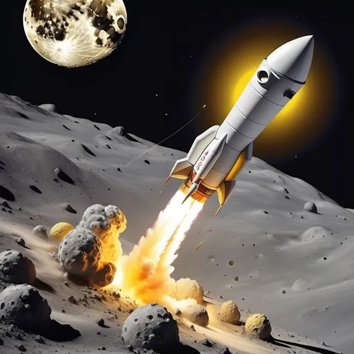 Prompt: Rocket crashing in moon and moon is getting destroyed the moon is yellow

