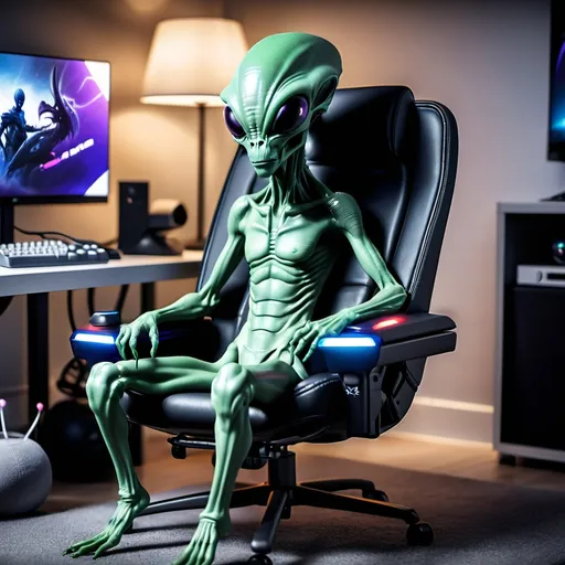 Prompt: Alien is sitting on a gaming chair playing on playstaition 5
