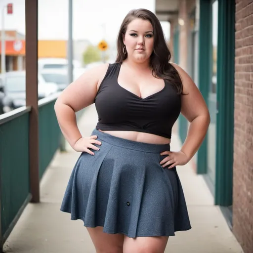 Prompt: Tall beautiful bbw full body in a short skirt showing midriff