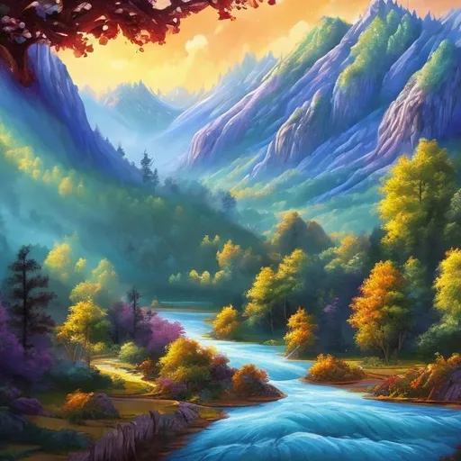 Prompt: Sprauling forest with mountains and a river fantasy painting