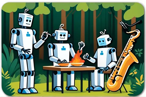 Prompt: I want a background image for linkedin with the dimension 4:1. On the image I want 3 robots and 1 young man, the first robot cooks, the second plays the saxophone and the third is being repaired by the human. The scene takes place in a forest campsite during the day.