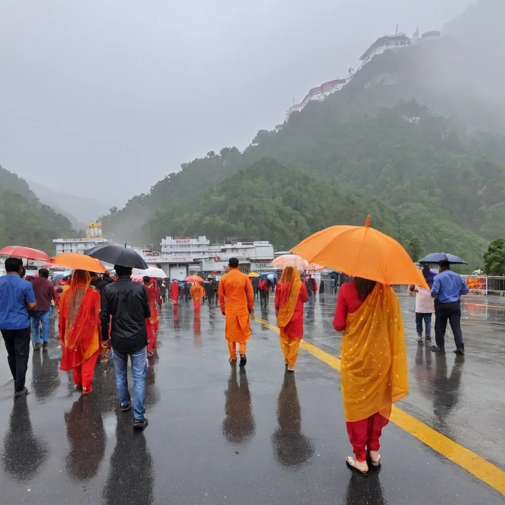 Prompt: Rain, mata Vaishno devi mandir, devottees