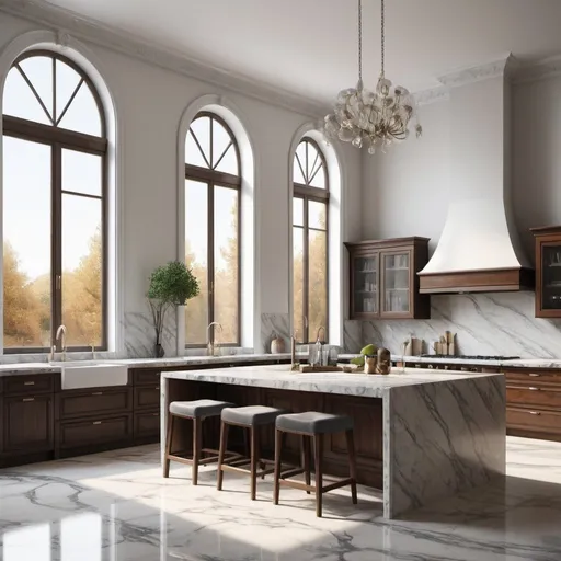 Prompt: a kitchen with a marble island and a marble counter top with chairs around it and a large window in the background, Enguerrand Quarton, photorealism, 3 d render, a digital rendering