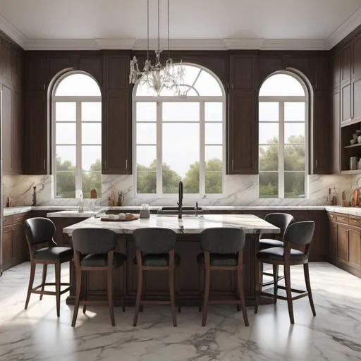 Prompt: a kitchen with a marble island and a marble counter top with chairs around it and a large window in the background, Enguerrand Quarton, photorealism, 3 d render, a digital rendering