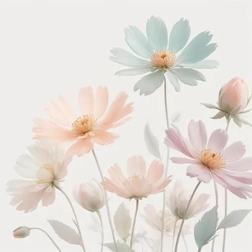 Prompt: Pastel flowers on a white background, delicate petals, soft pastel colors, high quality, digital painting, minimalist style, light and airy, ethereal ambiance