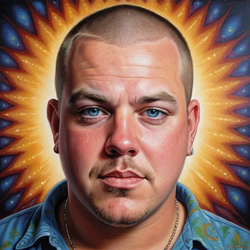 Prompt: Spiritual portrait of the lead singer of Sublime, Bradley Nowell, vibrant and ethereal, oil painting, detailed facial features, soulful expression, radiant aura, mystical background, high quality, oil painting, spiritual, vibrant colors, detailed eyes, surreal, atmospheric lighting